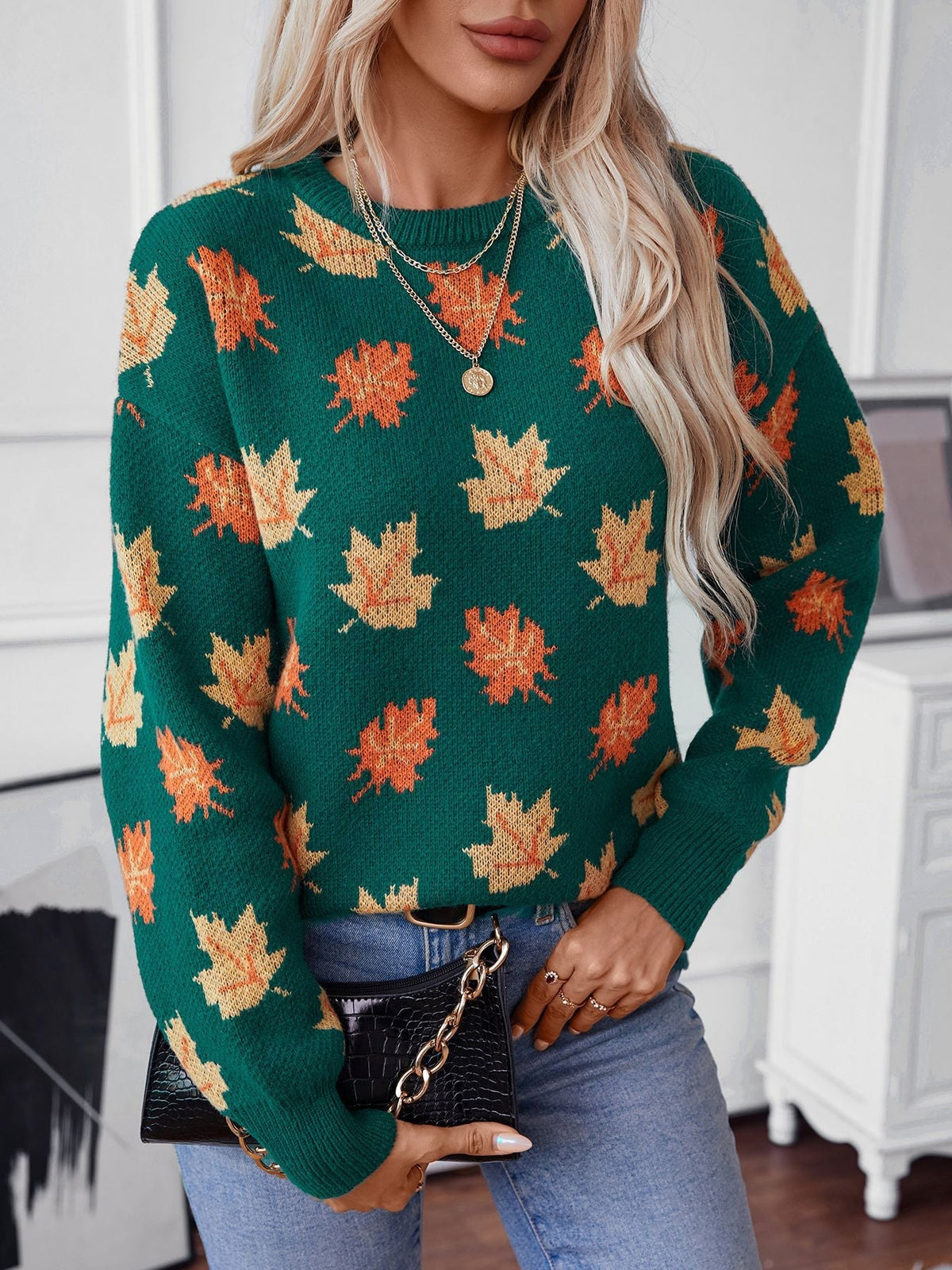 Elarova | Maple Leaf Jacquard Freizeit Pullover Sweater