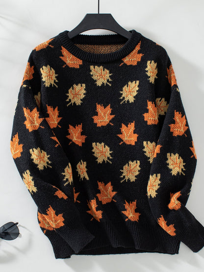 Elarova | Maple Leaf Jacquard Freizeit Pullover Sweater