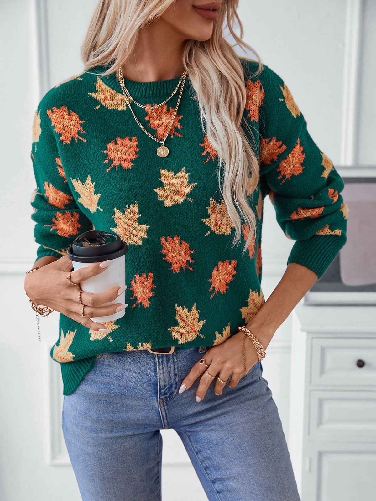 Elarova | Maple Leaf Jacquard Freizeit Pullover Sweater