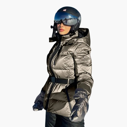 Elarova | Modische Damen Skijacke mit Gürtel und Kapuze