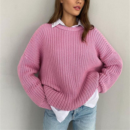 Elarova | Modischer Strickpullover in Uni mit Rundhalsausschnitt