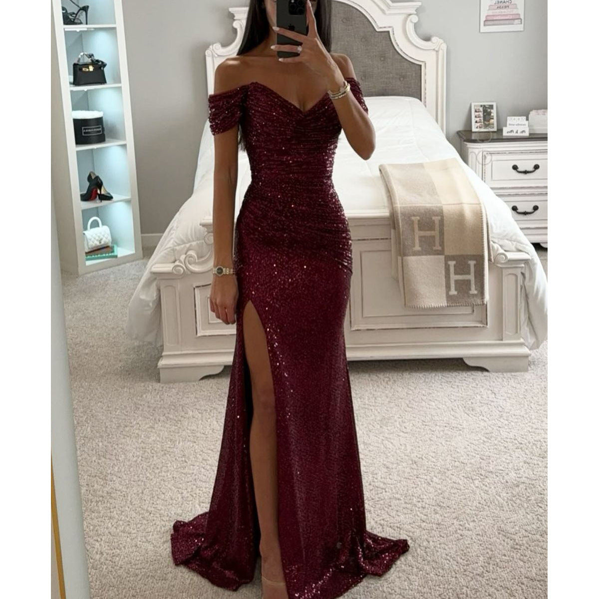 Elarova | Off Shoulder Abendkleid Mit Pailletten Elegantes Partykleid Mit Schlitz Und Figurbetontem Schnitt Für Festliche Anlässe