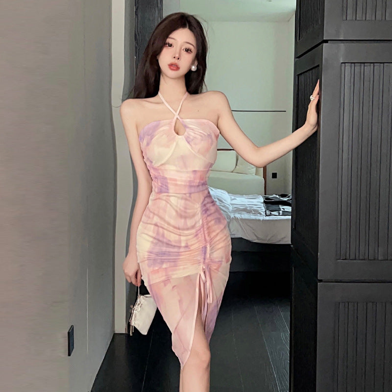 Elarova Ölmalerei Mesh-Kleid mit Halfterausschnitt