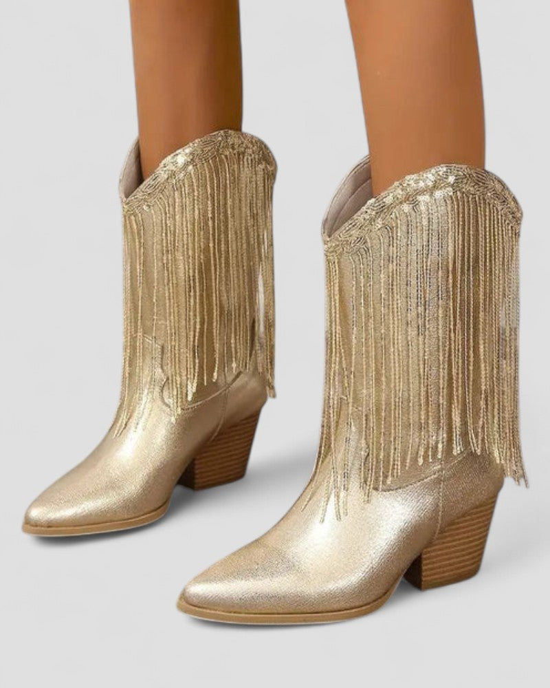 Elarova | Orthopädische Western-Cowboystiefel mit Fransen in Metallic-Optik für Damen