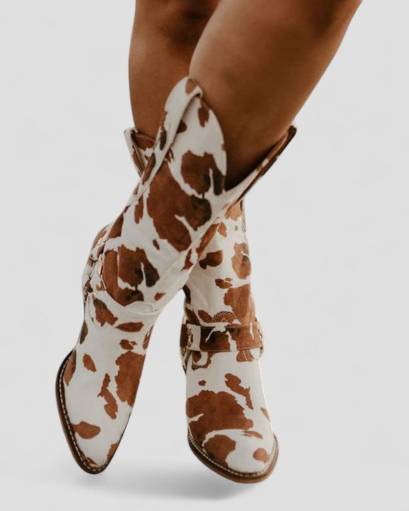 Elarova | Orthopädische Western-Cowboystiefel mit Kuhmuster für Damen