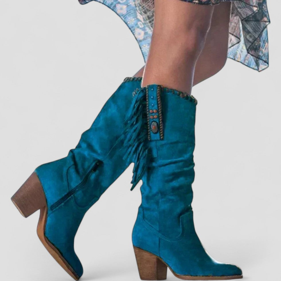 Elarova | Orthopädische kniehohe Westernstiefel aus Wildleder mit Fransen für Damen