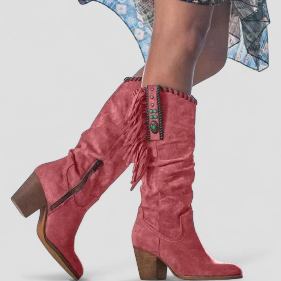 Elarova | Orthopädische kniehohe Westernstiefel aus Wildleder mit Fransen für Damen