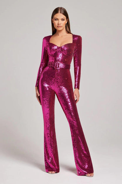 Elarova | Pailletten Langarm Jumpsuit