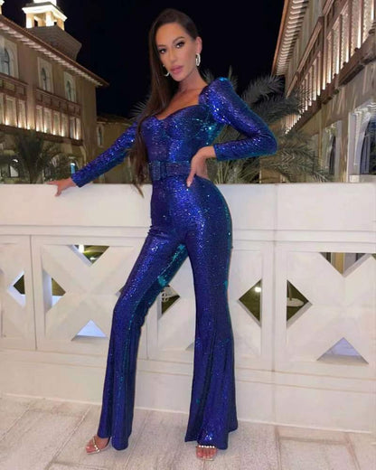 Elarova | Pailletten Langarm Jumpsuit