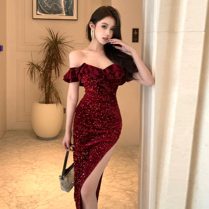 Elarova Paillettenkleid mit One-Shoulder-Design und Pailletten-Applikationen