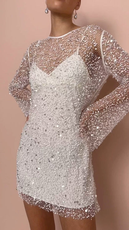 Elarova | Perlen See-through Mesh Zweiteiliges Set Sling Kleid