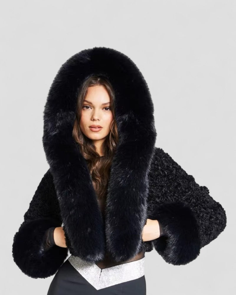 Elarova | Plüsch-Felljacke mit Kapuze für Damen