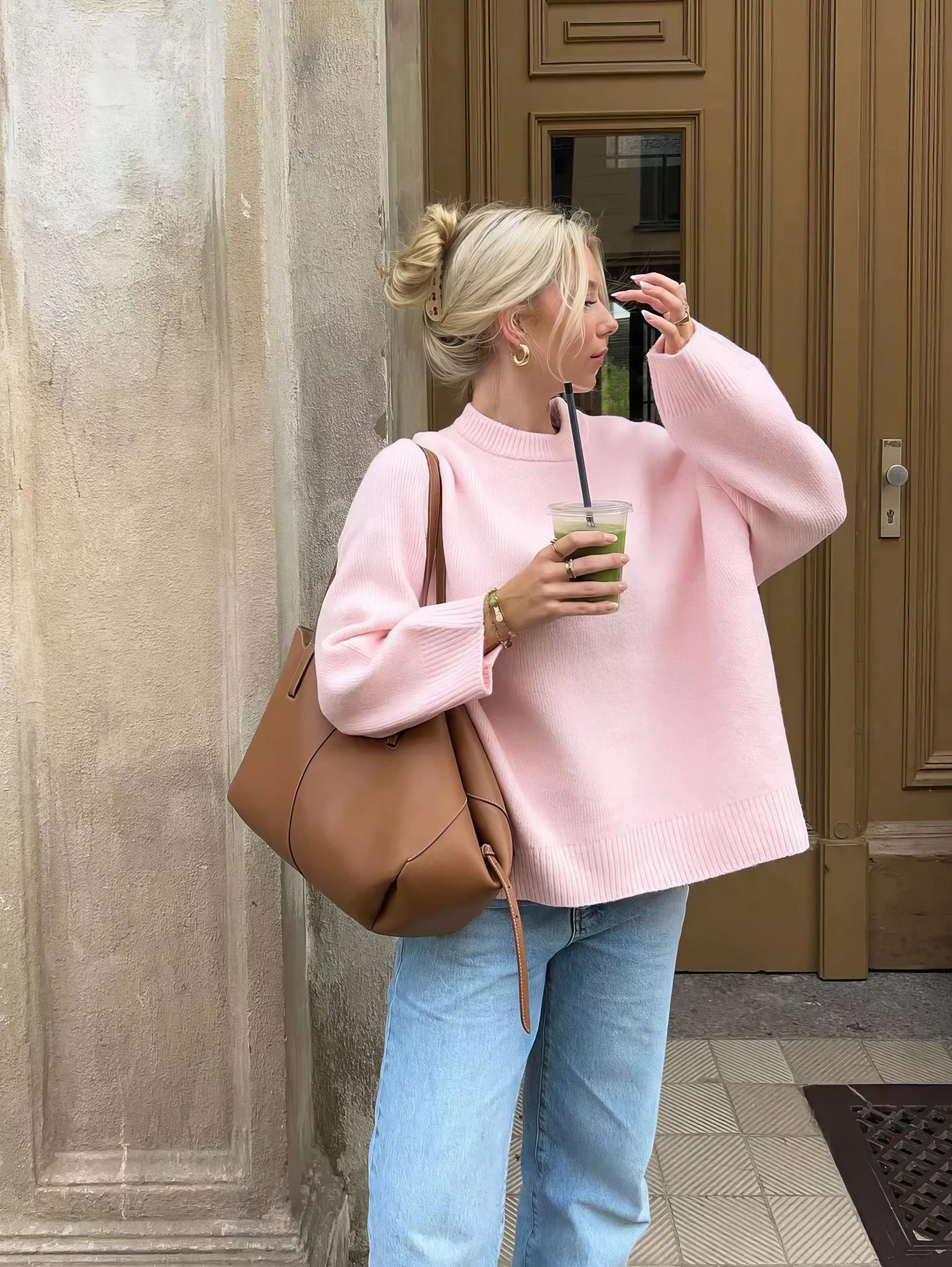 Elarova | Rosa Pullover mit Rundhalsausschnitt für Damen