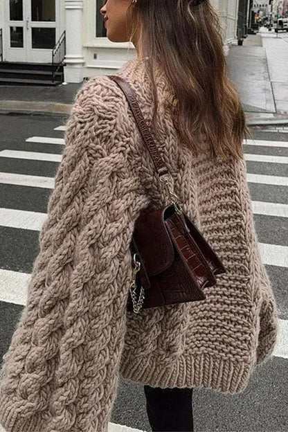 Elarova | Rosiedress Rundhals Übergroße Zopfmuster Pullover
