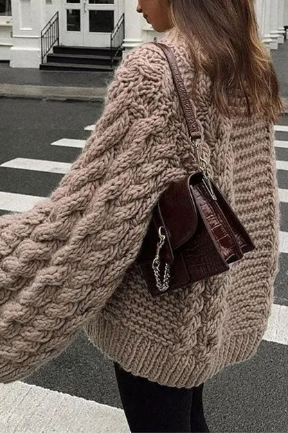 Elarova | Rosiedress Rundhals Übergroße Zopfmuster Pullover