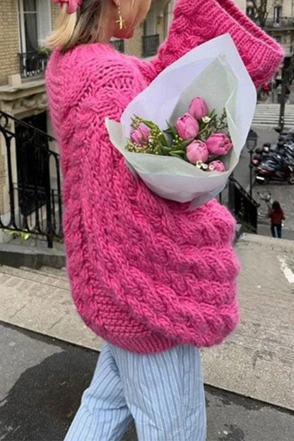 Elarova | Rosiedress Rundhals Übergroße Zopfmuster Pullover