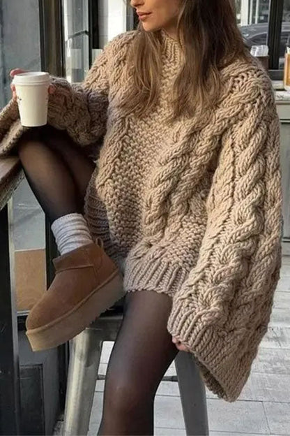 Elarova | Rosiedress Rundhals Übergroße Zopfmuster Pullover