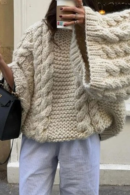 Elarova | Rosiedress Rundhals Übergroße Zopfmuster Pullover