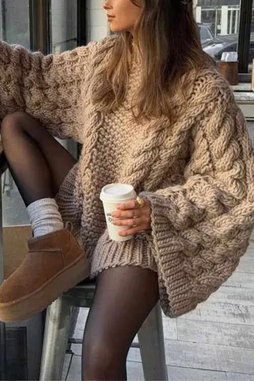 Elarova | Rosiedress Rundhals Übergroße Zopfmuster Pullover