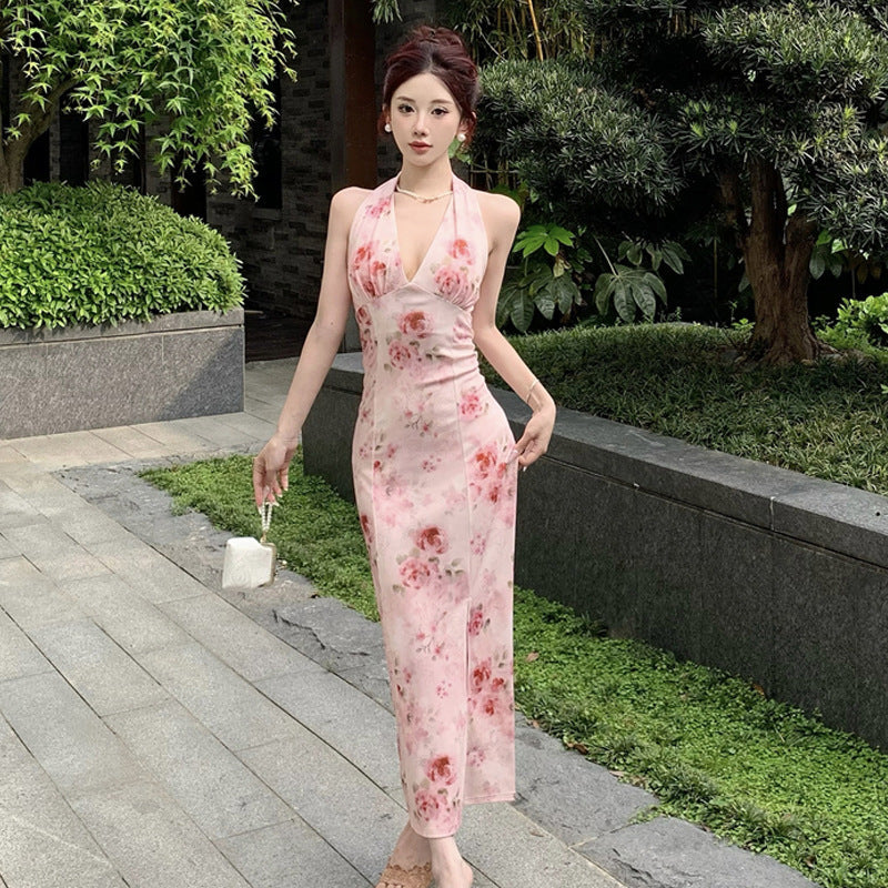 Elarova Rückenfrei: Sexy Blumen-Halterkleid im Retro-Stil