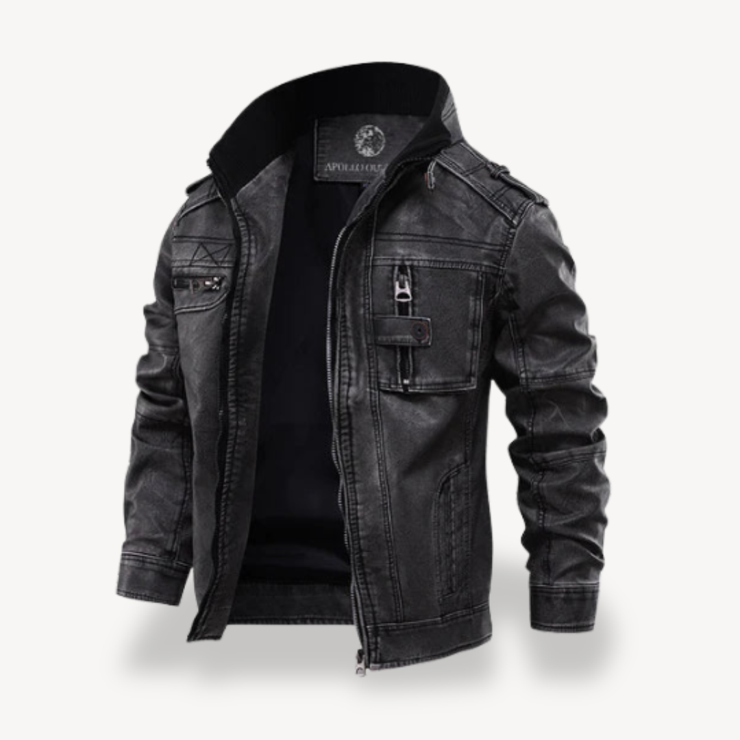 Elarova | Schwarze Bikerjacke aus Kunstleder für Herren, lässiger Reißverschlussmantel
