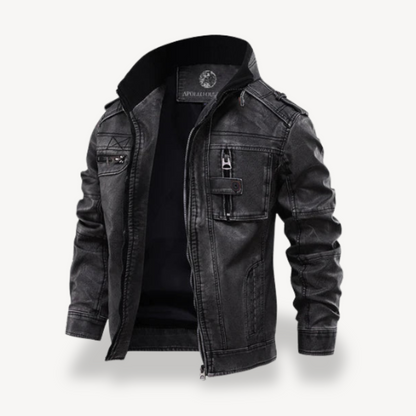 Elarova | Schwarze Bikerjacke aus Kunstleder für Herren, lässiger Reißverschlussmantel