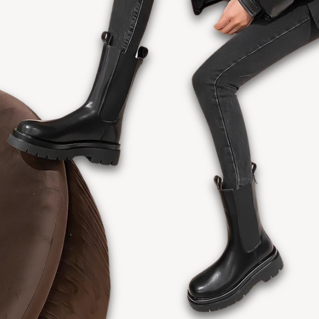 Elarova | Schwarze Chelsea-Stiefel aus Leder für Damen – dicke Sohle, zum Hineinschlüpfen, strapazierfähig, stylisches Freizeitschuhwerk