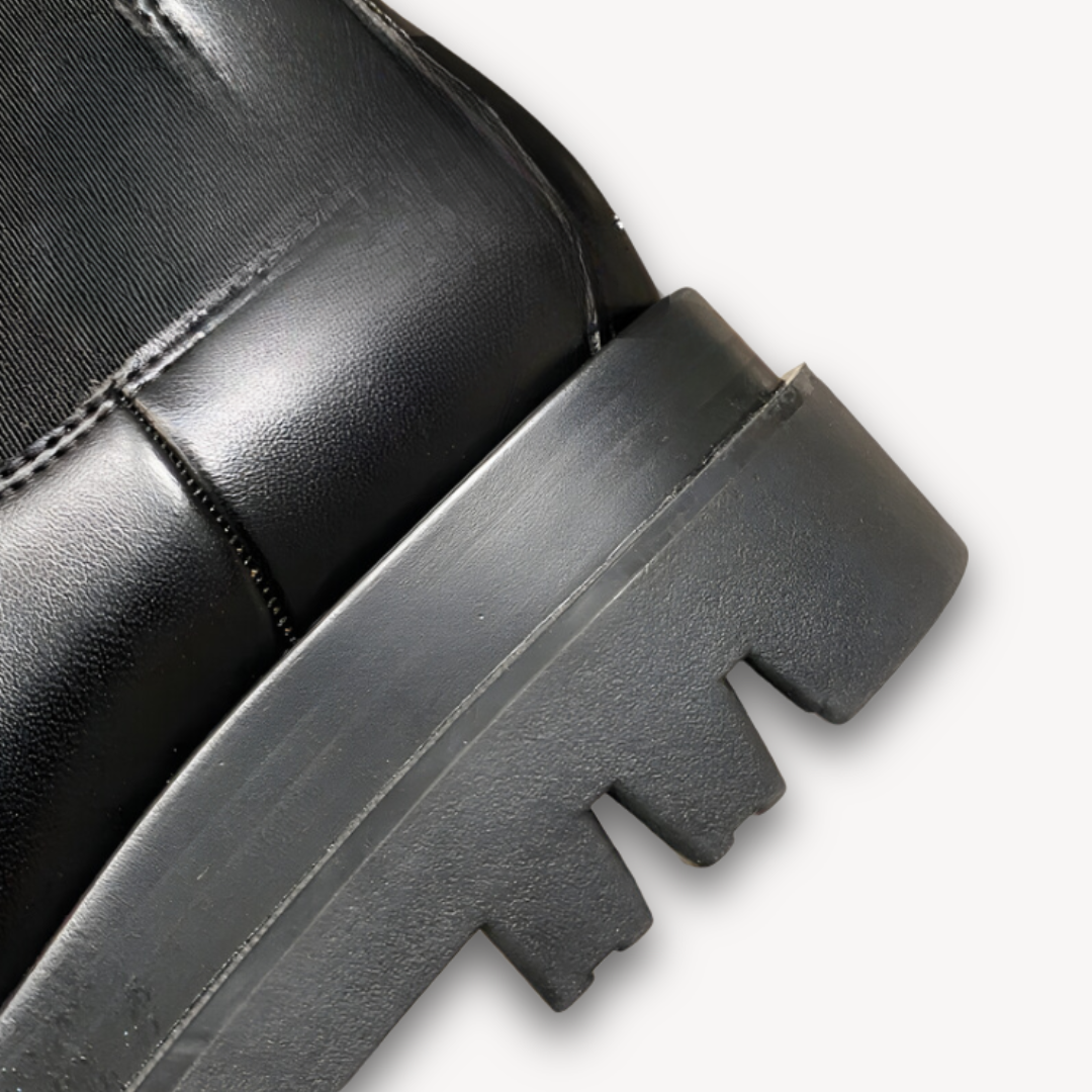 Elarova | Schwarze Chelsea-Stiefel aus Leder für Damen – dicke Sohle, zum Hineinschlüpfen, strapazierfähig, stylisches Freizeitschuhwerk