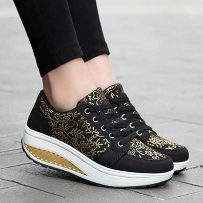 Elarova | Schwarze Leder Orthopädische Damen Sneakers Mit Blumenmuster