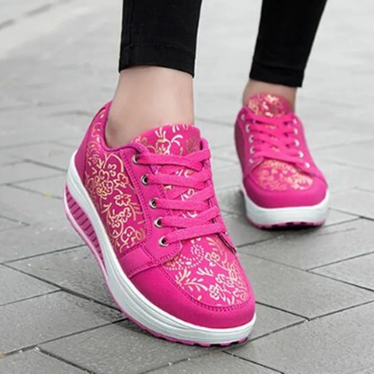 Elarova | Schwarze Leder Orthopädische Damen Sneakers Mit Blumenmuster