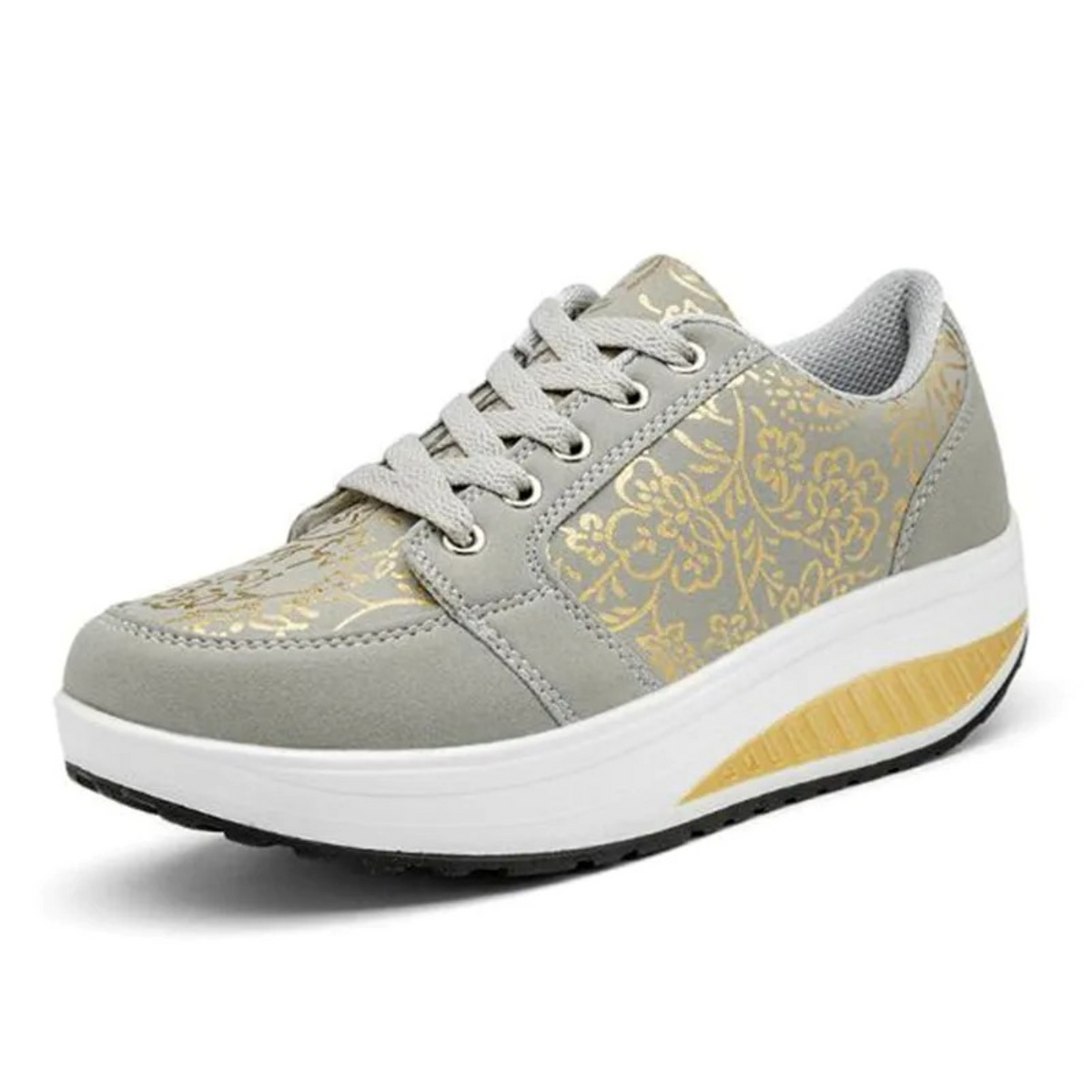 Elarova | Schwarze Leder Orthopädische Damen Sneakers Mit Blumenmuster