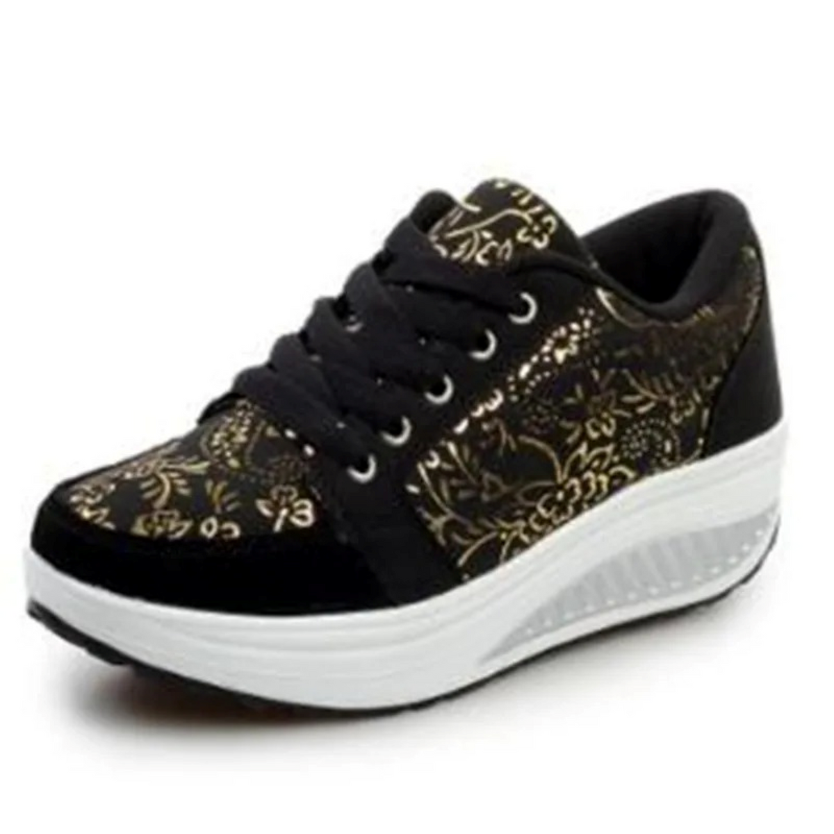 Elarova | Schwarze Leder Orthopädische Damen Sneakers Mit Blumenmuster