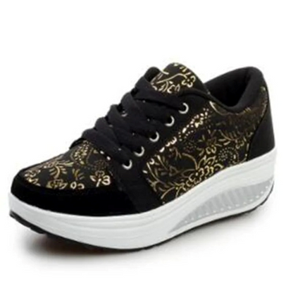 Elarova | Schwarze Leder Orthopädische Damen Sneakers Mit Blumenmuster
