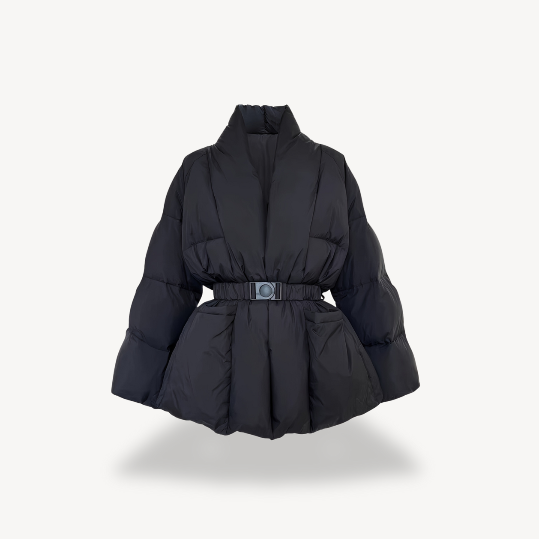 Elarova | Schwarze Pufferjacke mit Gürtel für Damen – Polyester