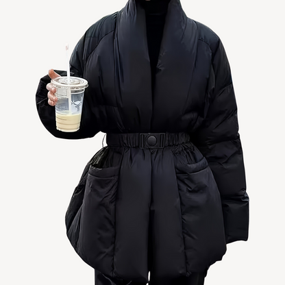 Elarova | Schwarze Pufferjacke mit Gürtel für Damen – Polyester