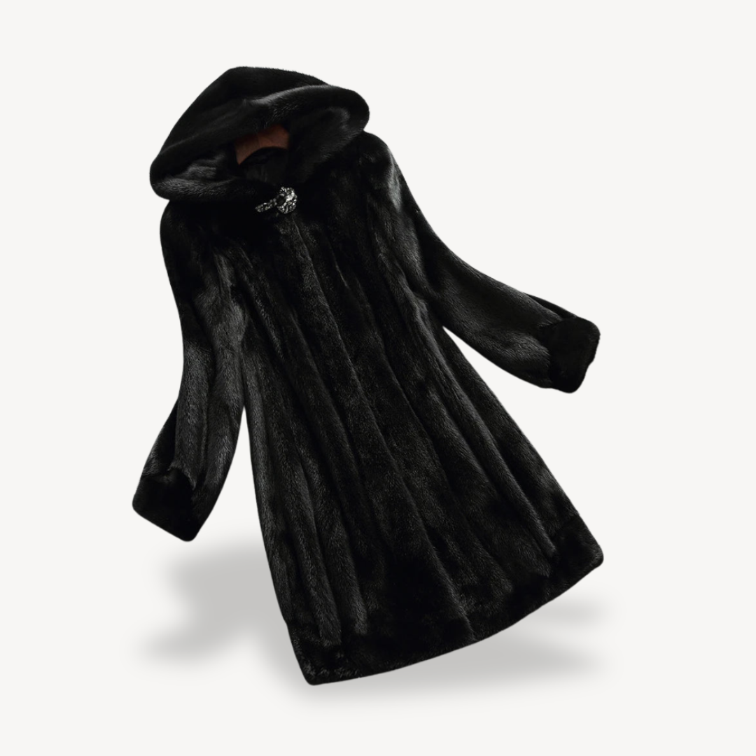Elarova | Schwarzer Damen-Wintermantel mit Kunstpelz und Kapuze, langärmlig