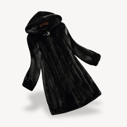 Elarova | Schwarzer Damen-Wintermantel mit Kunstpelz und Kapuze, langärmlig