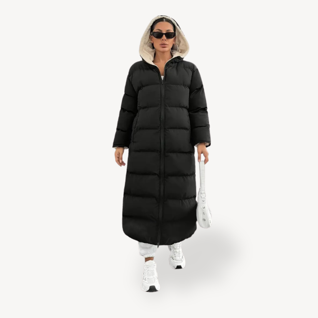 Elarova | Schwarzer Puffermantel mit Kapuze für Damen