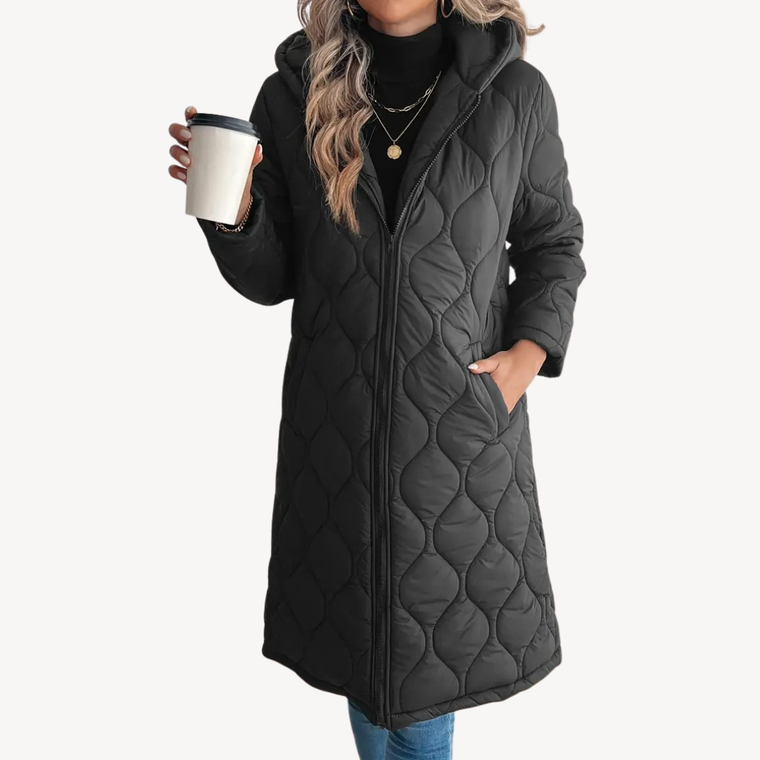 Elarova | Schwarzer gesteppter Puffermantel mit Kapuze für Damen