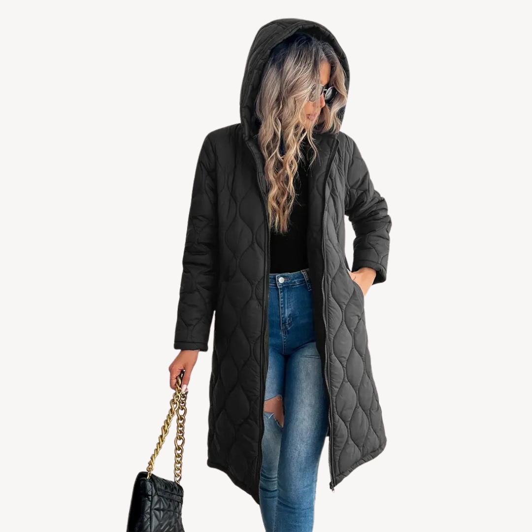 Elarova | Schwarzer gesteppter Puffermantel mit Kapuze für Damen