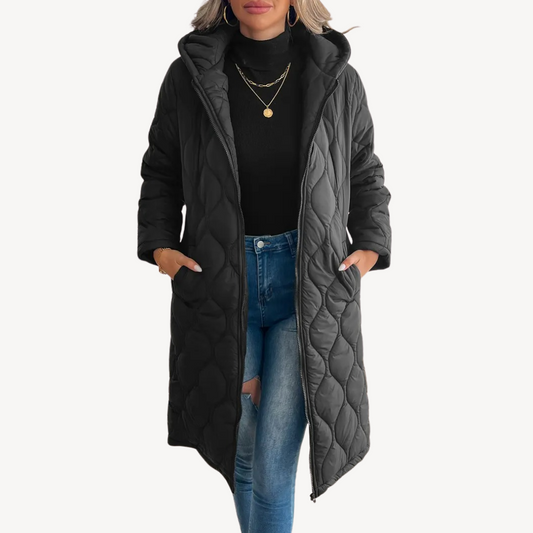 Elarova | Schwarzer gesteppter Puffermantel mit Kapuze für Damen