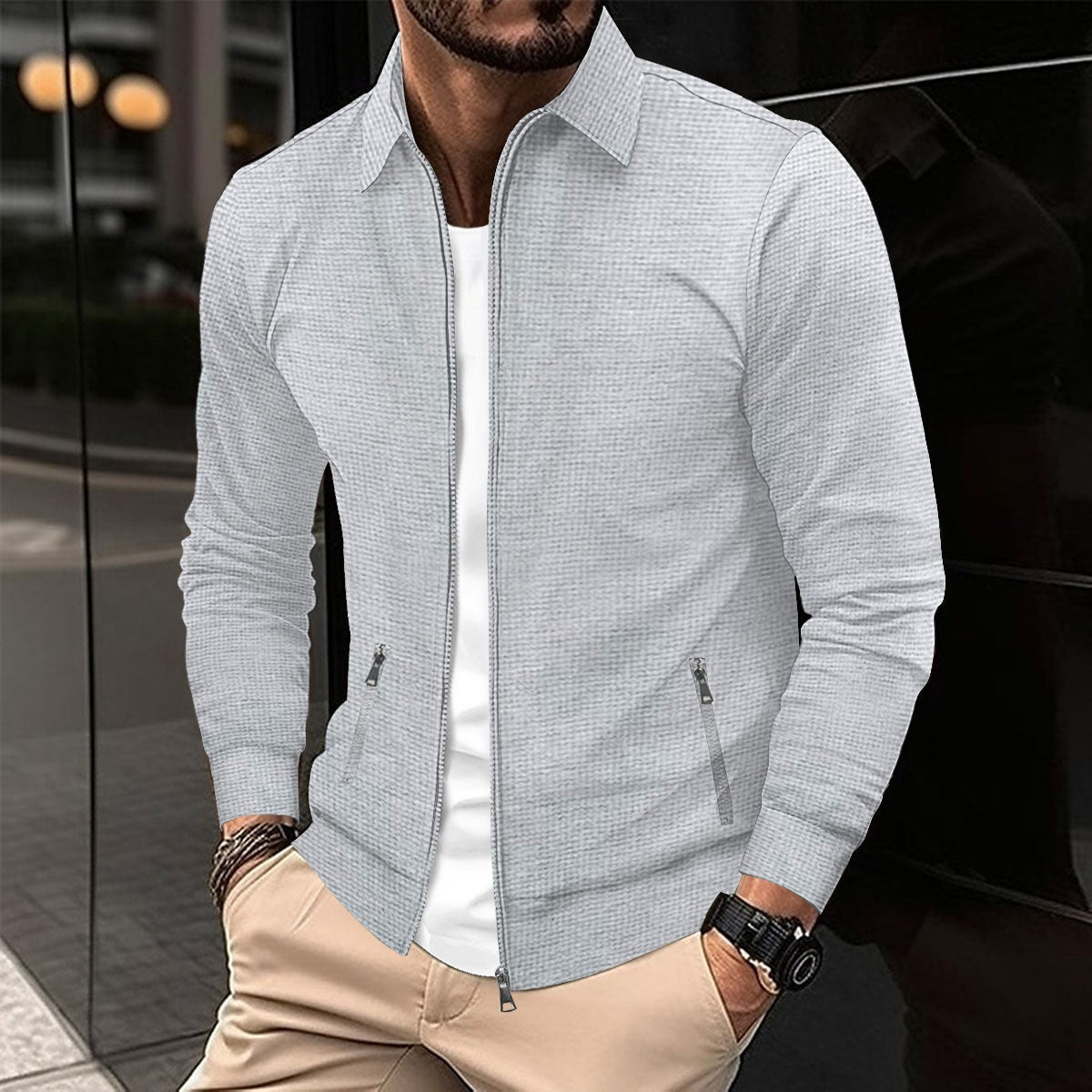 Elarova | Slim-fit Men's Jacket with Waffle Pattern and Zipper Pockets