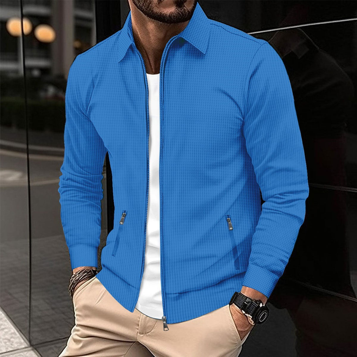 Elarova | Slim-fit Men's Jacket with Waffle Pattern and Zipper Pockets