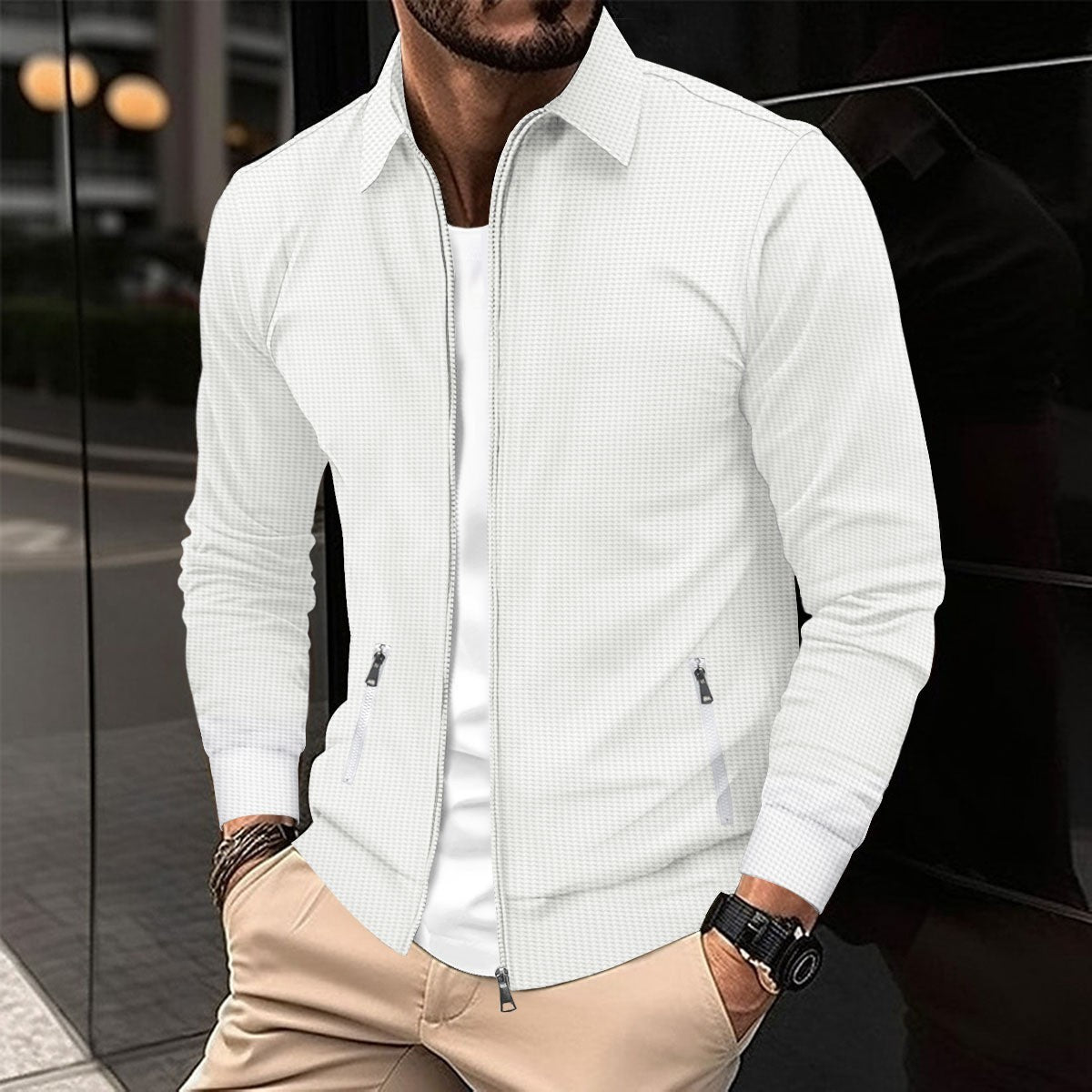 Elarova | Slim-fit Men's Jacket with Waffle Pattern and Zipper Pockets