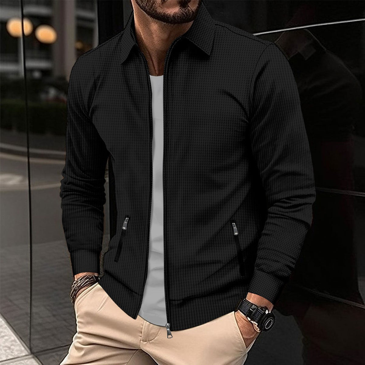 Elarova | Slim-fit Men's Jacket with Waffle Pattern and Zipper Pockets