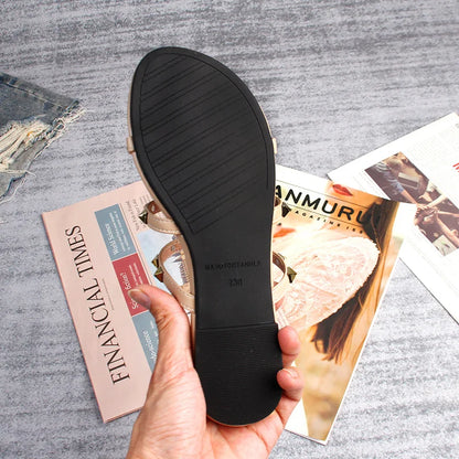 Elarova | Sommer Frauen Sandalen Damen Freizeit Slipper Flache Schuhe Einfache Stil Mode Nieten Design Gehen und Shoppen Große Größen