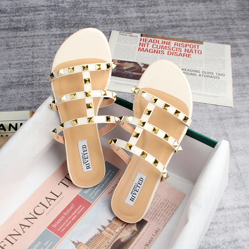 Elarova | Sommer Frauen Sandalen Damen Freizeit Slipper Flache Schuhe Einfache Stil Mode Nieten Design Gehen und Shoppen Große Größen
