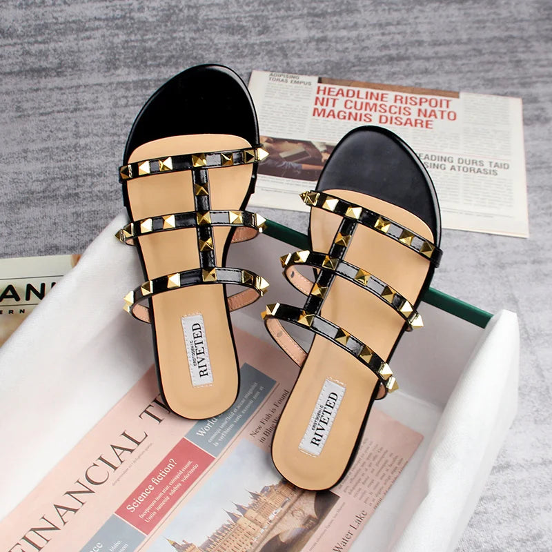 Elarova | Sommer Frauen Sandalen Damen Freizeit Slipper Flache Schuhe Einfache Stil Mode Nieten Design Gehen und Shoppen Große Größen