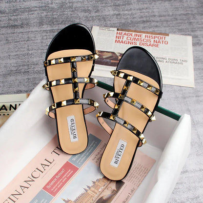 Elarova | Sommer Frauen Sandalen Damen Freizeit Slipper Flache Schuhe Einfache Stil Mode Nieten Design Gehen und Shoppen Große Größen