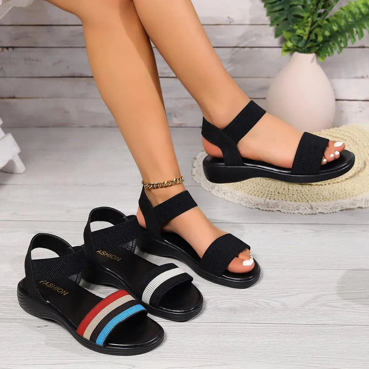 Elarova | Sommer Leinsandalen mit elastischem Riemen